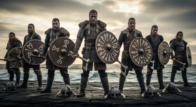 Viking Name Generator, Epic Viking warriors holding shields and axes by the sea.